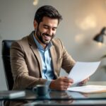 Empreendedor confiante segurando planilha de margem de lucro atualizada, controle financeiro de negócio, lucratividade real