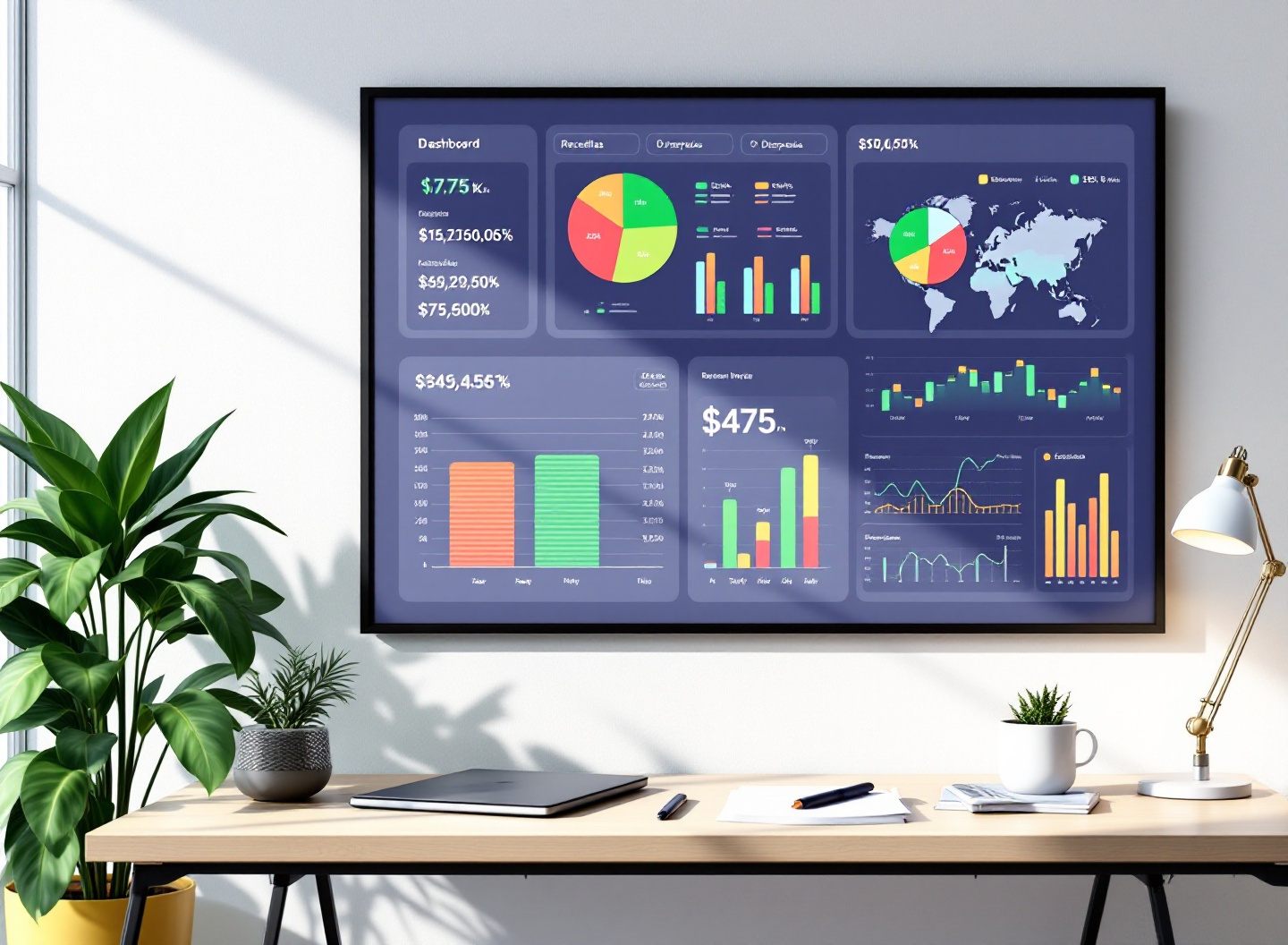 Analista financeiro revisando dashboard de controle financeiro com gráficos de receitas e despesas