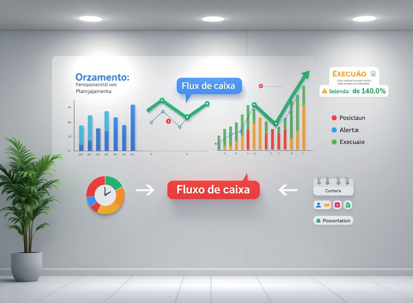 Faturamento não é lucro! Como uma planilha de orçamento empresarial revela os vazamentos do seu caixa 4 Infográfico mostrando integração entre orçamento empresarial e fluxo de caixa, diferença entre planejamento e execução financeira