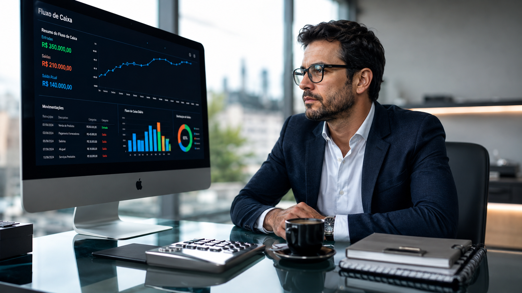 Empresário analisando gráficos de controle de caixa em computador