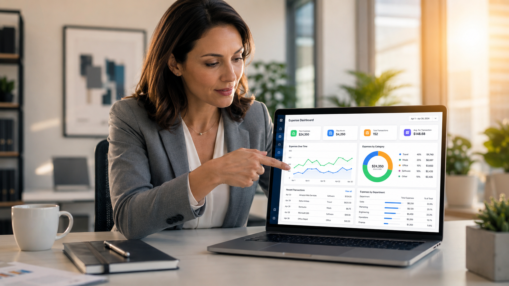 Gestora analisando dashboard de controle de despesas empresa em tempo real com gráficos coloridos