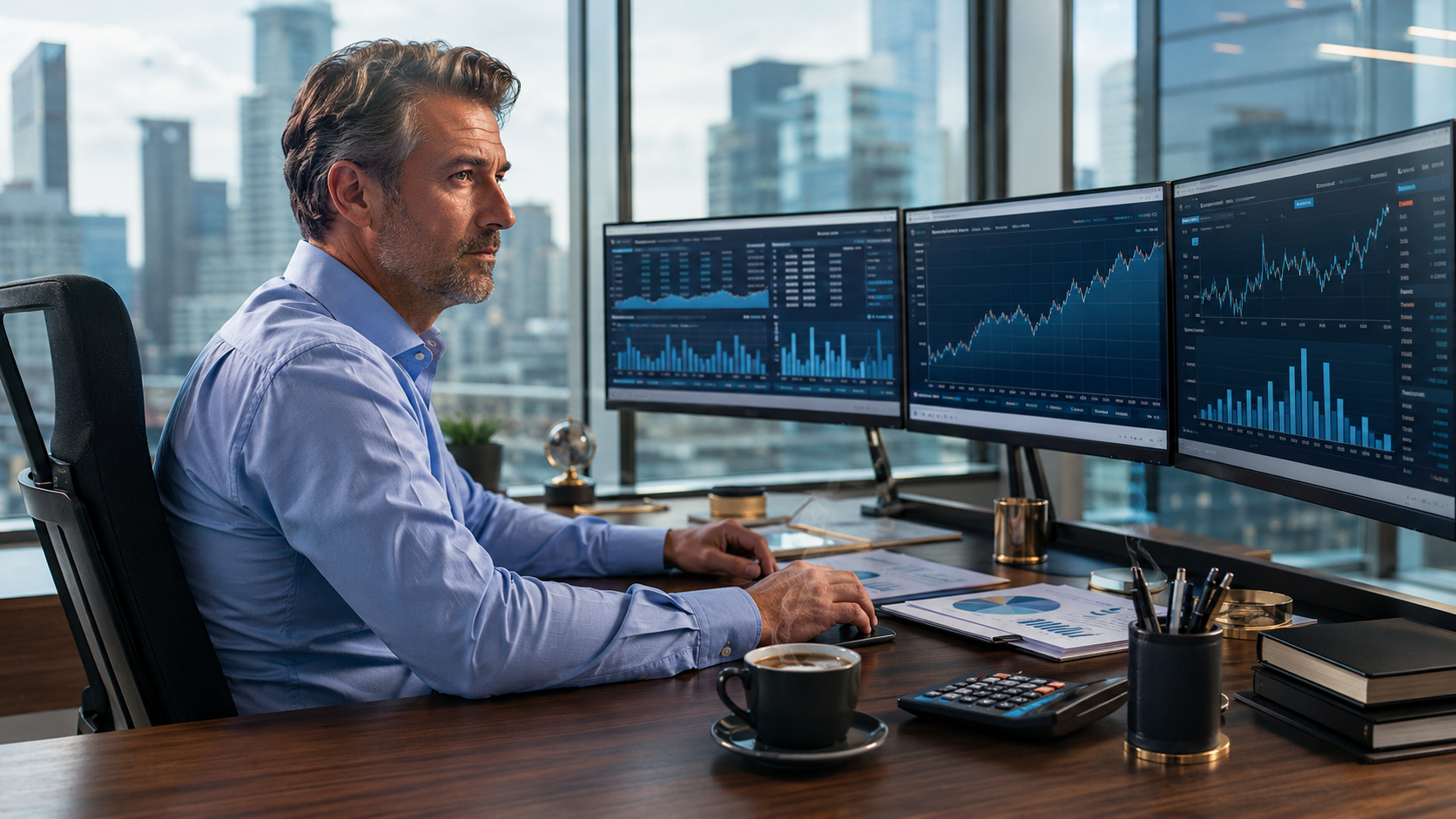 Fluxo de Caixa Descomplicado: O Guia Definitivo para Empresários Não Quebrarem o Caixa 2 Empresário analisando fluxo de caixa em computador com gráficos financeiros e dados de gestão