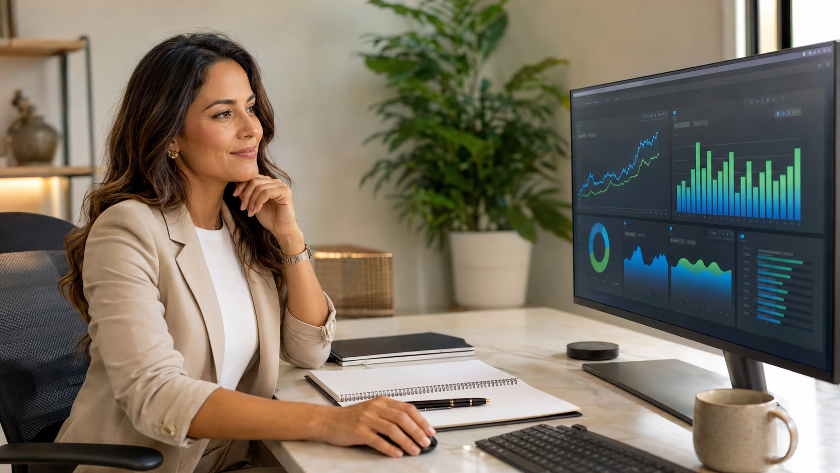 Mulher analisando gráficos de fluxo de caixa em computador para gestão financeira