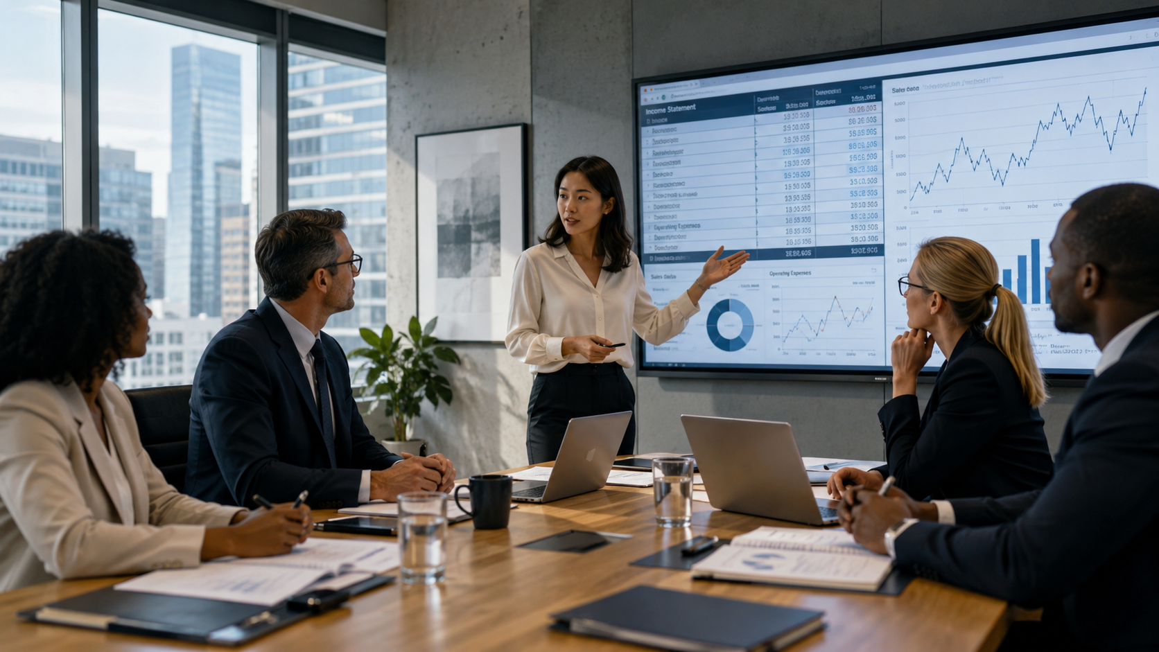Equipe analisando indicadores financeiros em reunião estratégica
