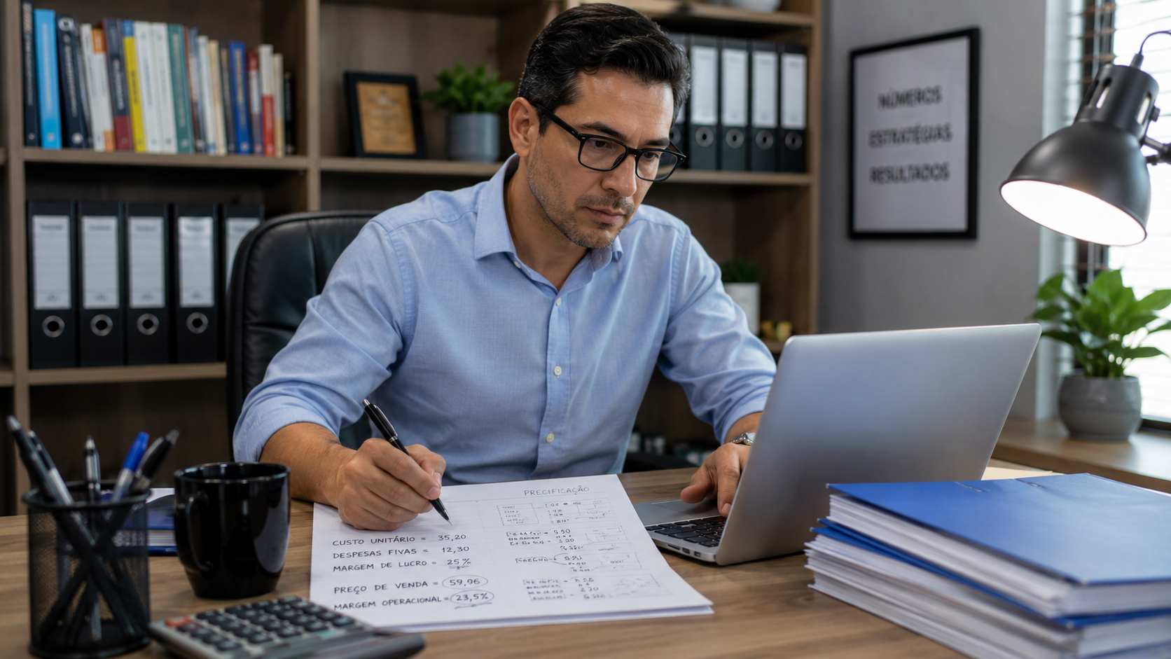Faturamento não é lucro! O guia definitivo de precificação para pequenas empresas não quebrarem o caixa 3 Contador calculando precificação e margem de lucro em planilhas financeiras