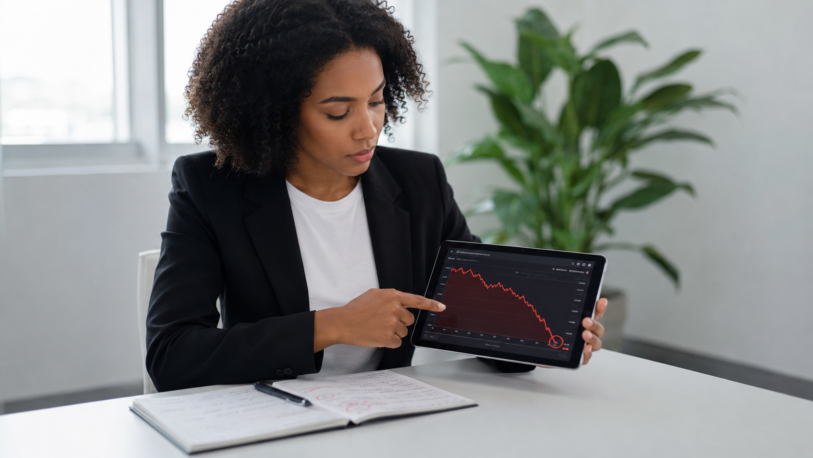 Fluxo de Caixa Descomplicado: O Guia Definitivo para Empresários Não Quebrarem o Caixa 3 Gestora analisando gráfico de fluxo de caixa negativo em tablet com expressão de preocupação