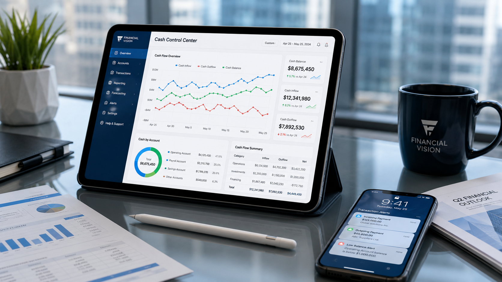 Dashboard digital de controle de caixa em tablet com gráficos coloridos