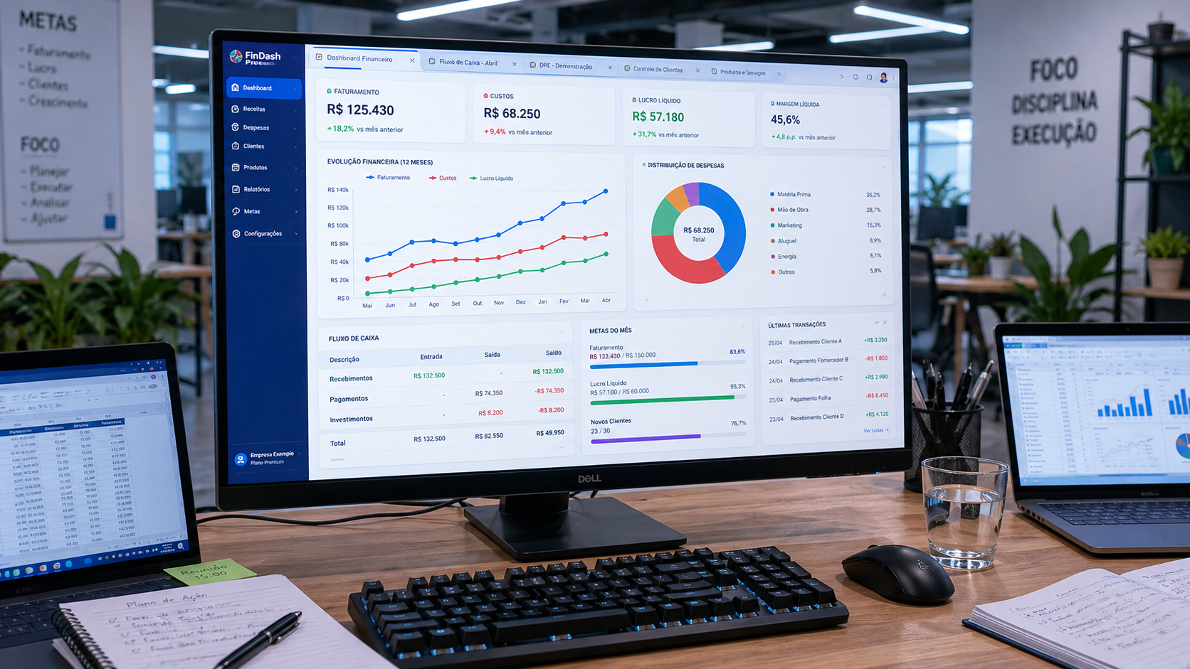 Faturamento não é lucro! O guia definitivo de precificação para pequenas empresas não quebrarem o caixa 4 Dashboard financeiro digital mostrando faturamento, custos e lucro em tempo real