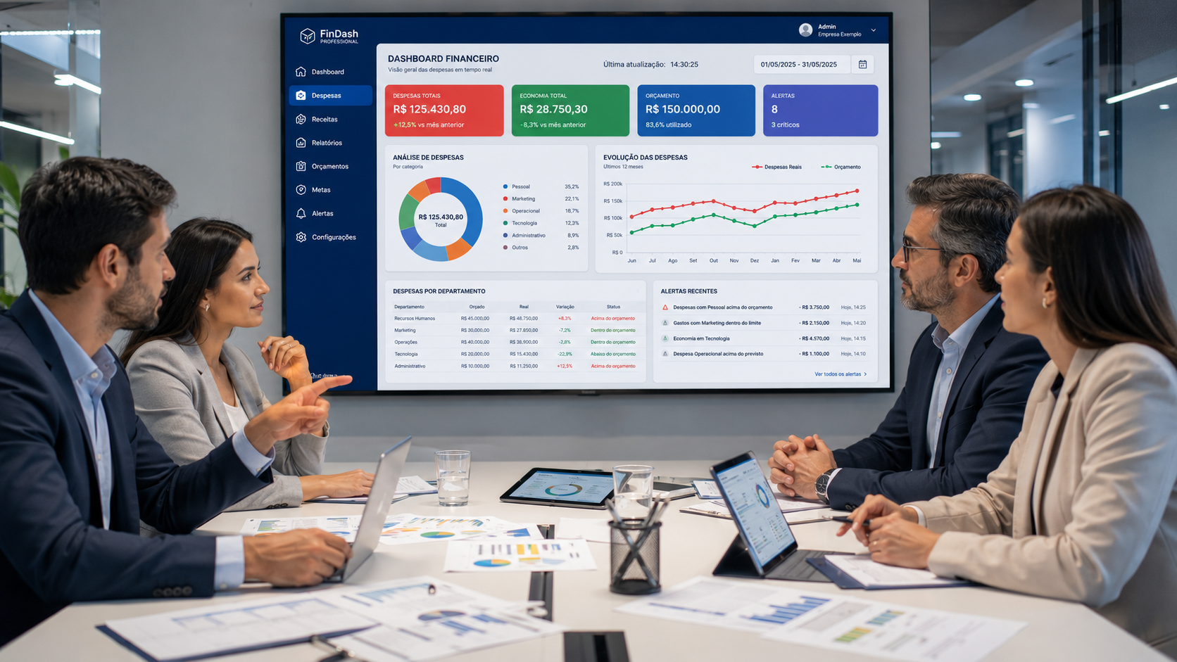 Equipe em reunião analisando gráficos de controle de despesas empresa em tempo real