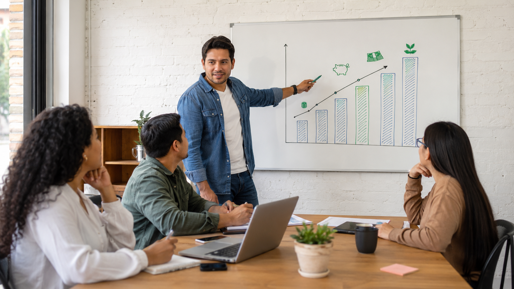 Microempreendedor discutindo metas financeiras com equipe