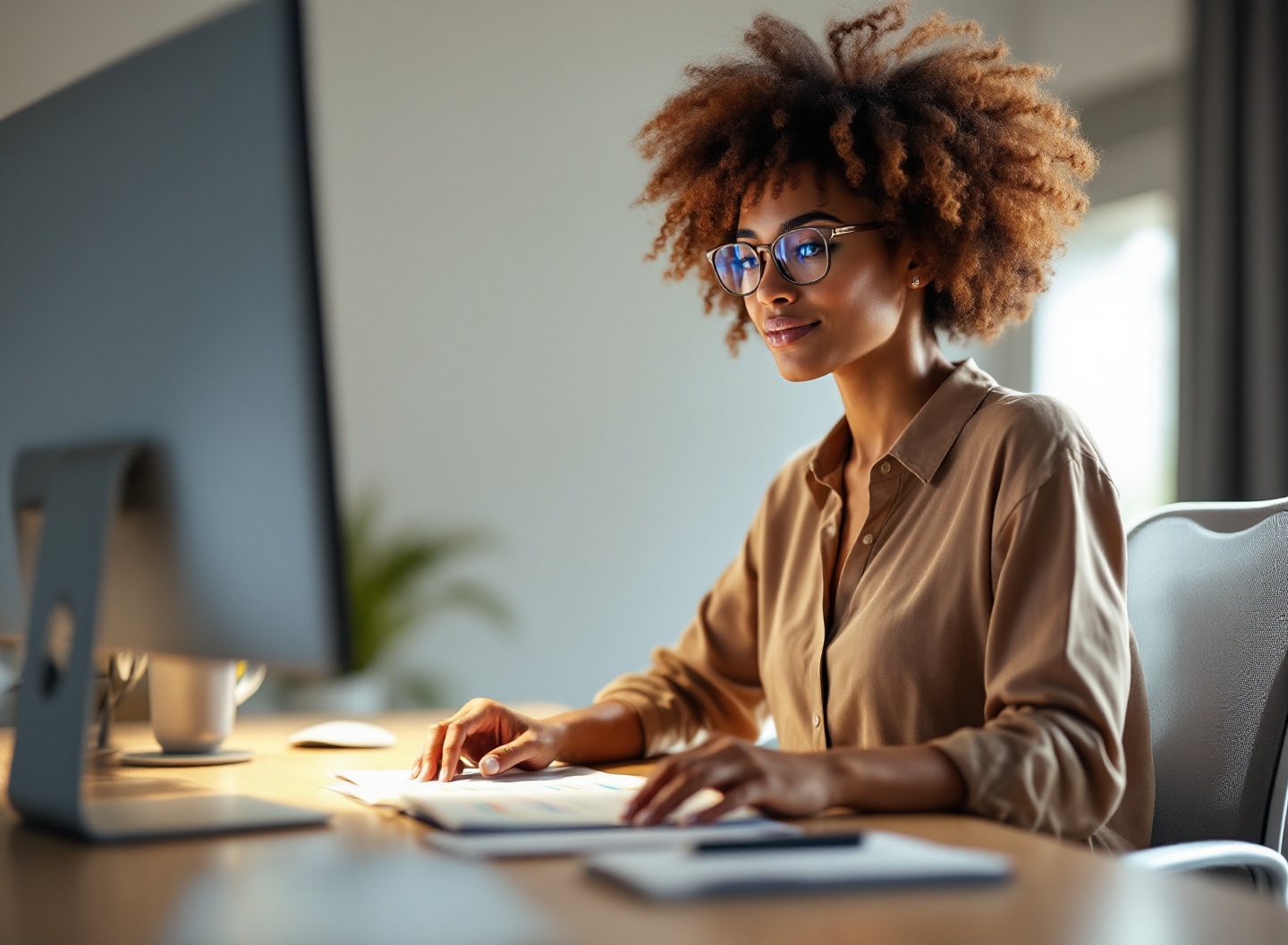Empreendedora analisando relatórios contábeis e gráficos de e-commerce em múltiplos monitores