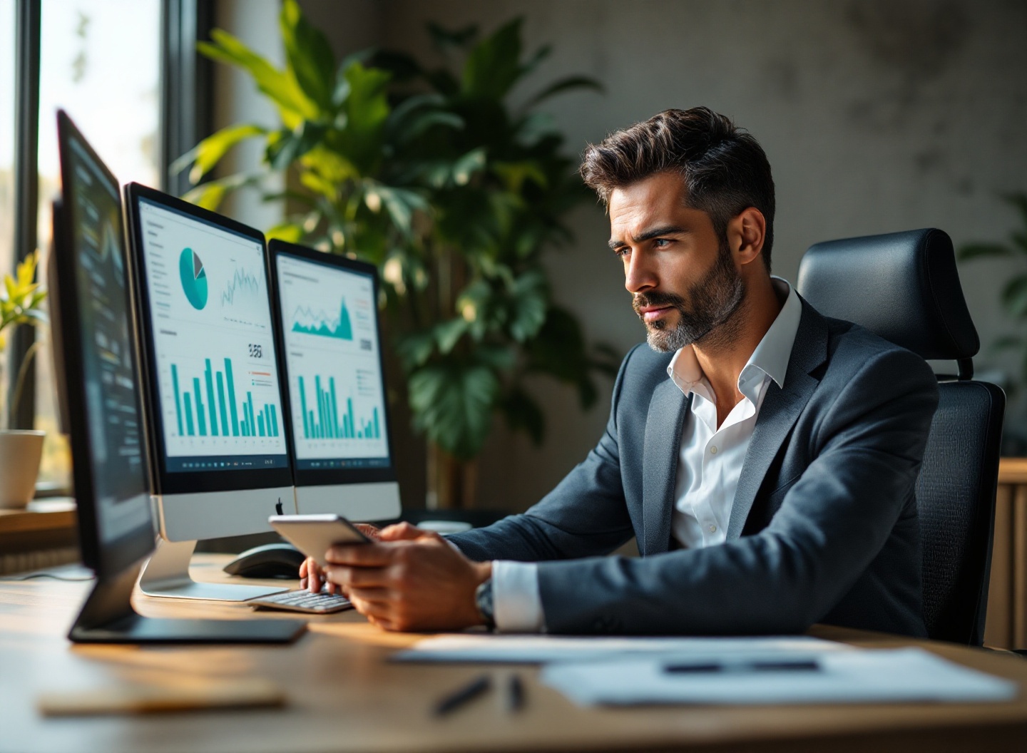 O Próximo Passo na Gestão: Rotina Financeira que Transforma Donos de Pequenas Empresas em Gestores Profissionais 2 Empresário analisando dashboard de gestão financeira diária em múltiplos monitores