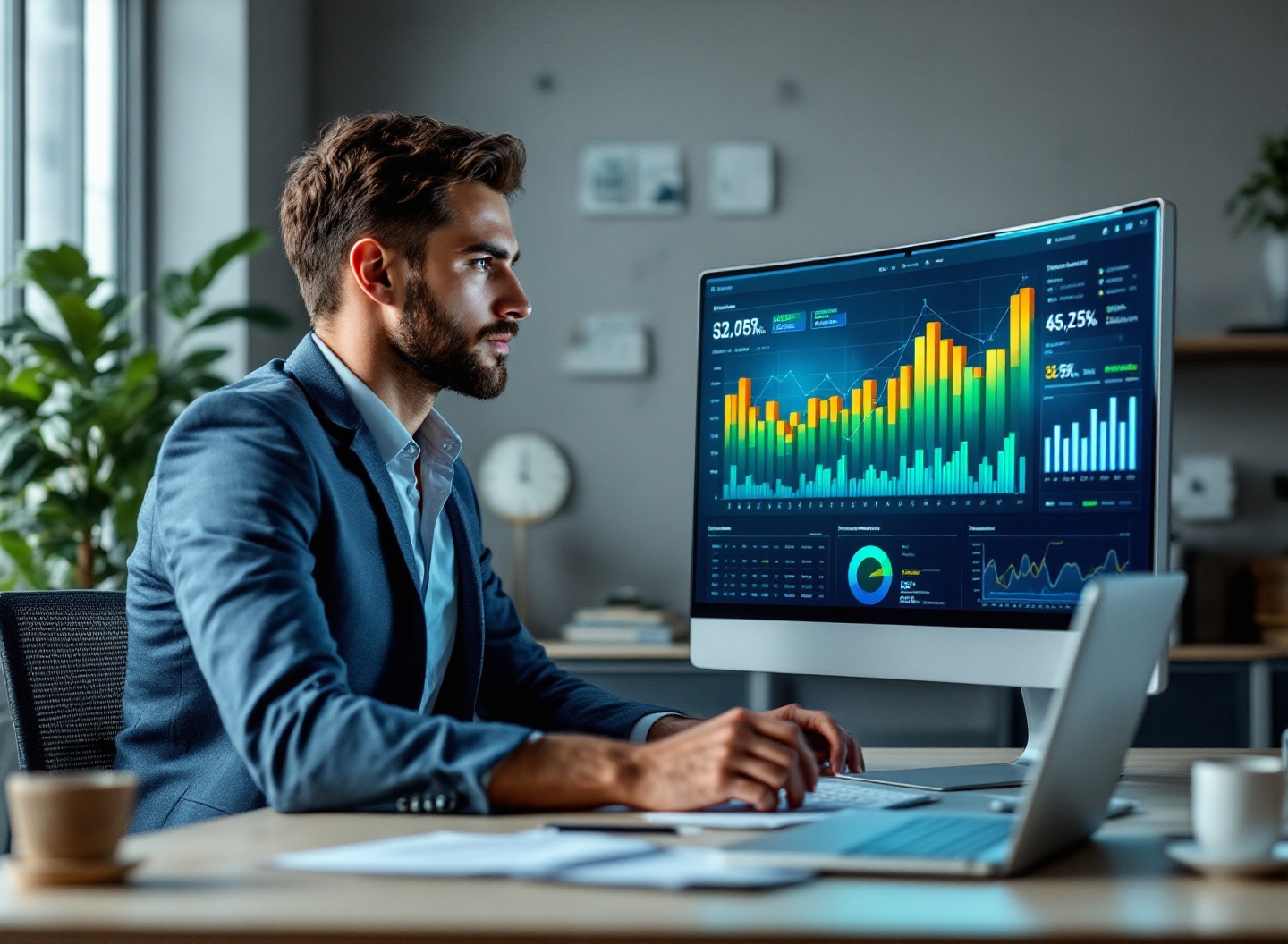 Fluxo de Caixa Excel: Guia Completo com Planilha 1 Empreendedor apontando para gráficos de fluxo de caixa Excel em monitor com dados financeiros em crescimento, escritório moderno