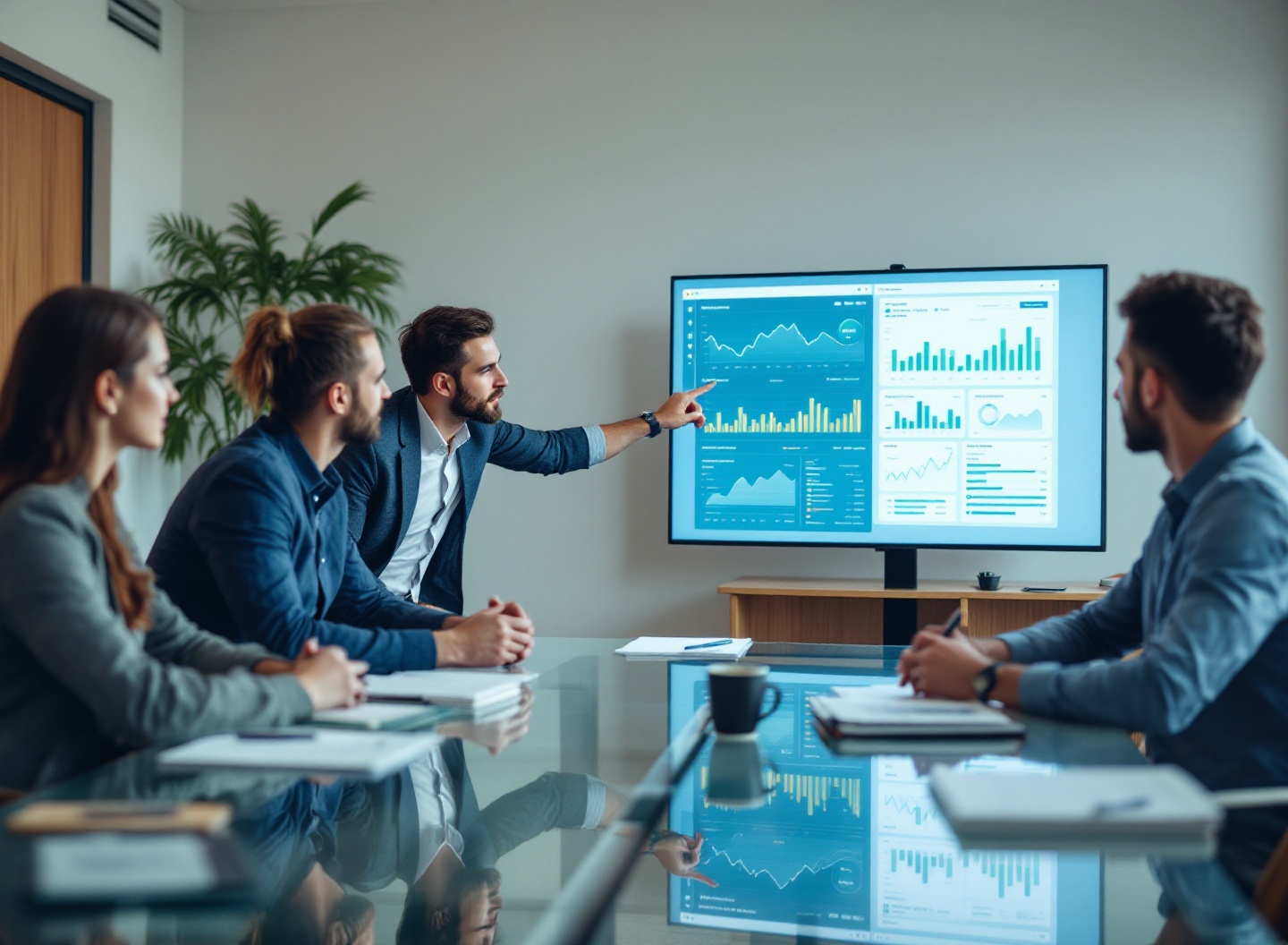 O Próximo Passo na Gestão: Rotina Financeira que Transforma Donos de Pequenas Empresas em Gestores Profissionais 4 Equipe analisando dashboard financeiro em reunião de gestão diária