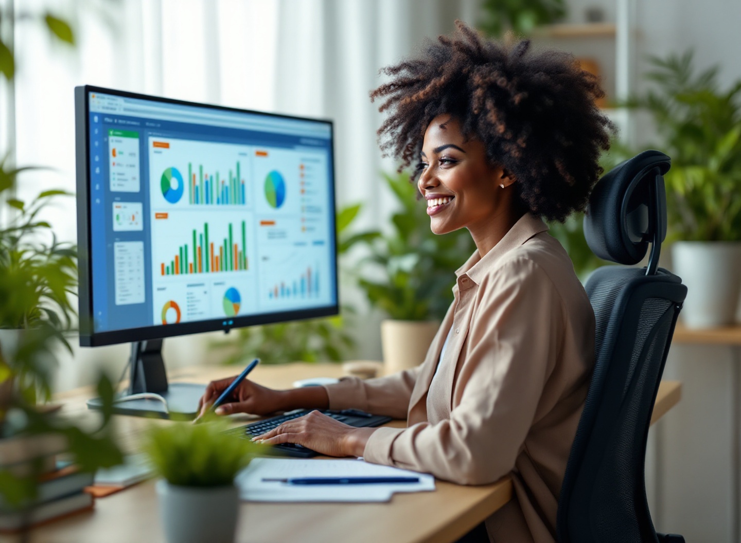 Fluxo de Caixa Excel: Guia Completo com Planilha 4 Empreendedora analisando gráficos de fluxo de caixa em monitor com dados financeiros coloridos no home office