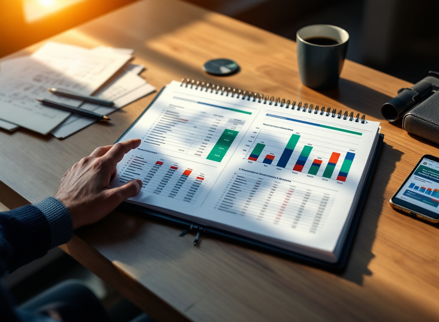 Fluxo de Caixa Excel: Guia Completo com Planilha 3 Planilha Excel de fluxo de caixa com gráficos, tabelas de receitas e despesas em mesa de trabalho profissional