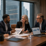 Executivos discutindo gráficos financeiros em sala de reuniões moderna