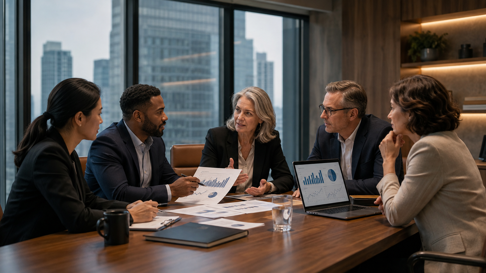 Executivos discutindo gráficos financeiros em sala de reuniões moderna