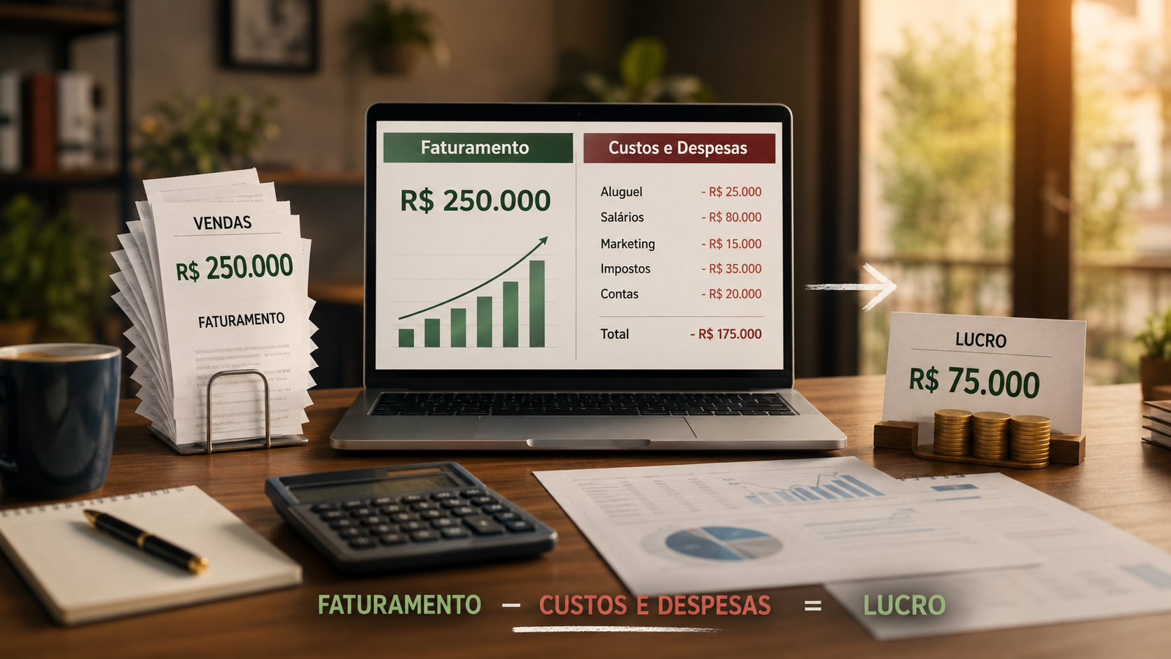 Gráfico ilustrando a diferença entre faturamento e lucro em negócios.
