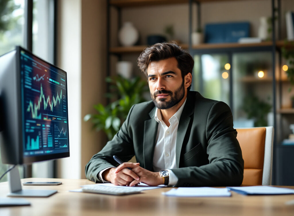 Gestor financeiro analisando dados em dashboard ERP moderno com múltiplos monitores