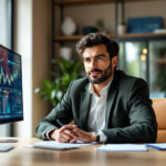 Gestor financeiro analisando dados em dashboard ERP moderno com múltiplos monitores