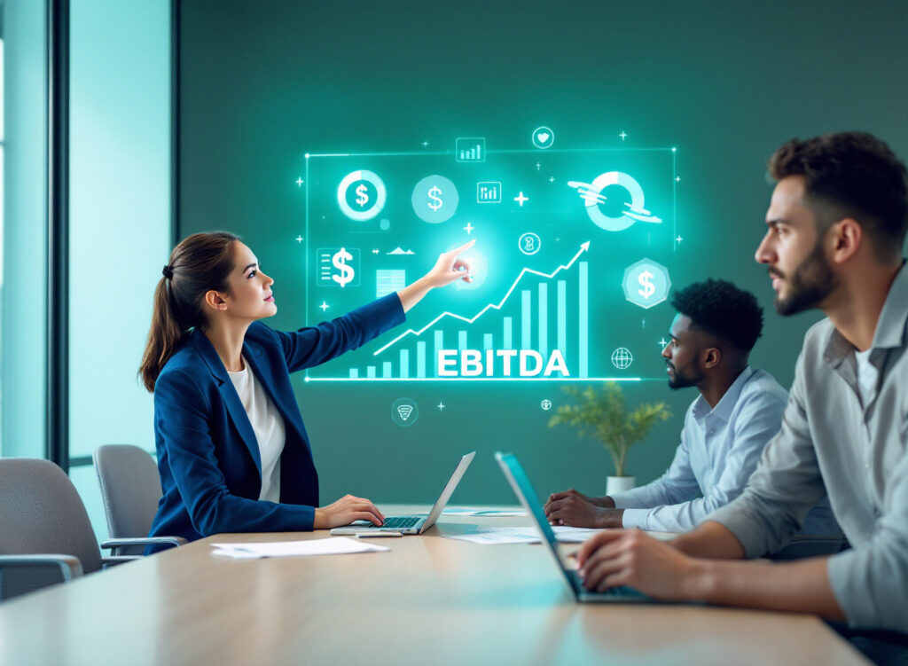 Executivos analisando EBITDA empresa e indicador EBITDA em ambiente corporativo profissional