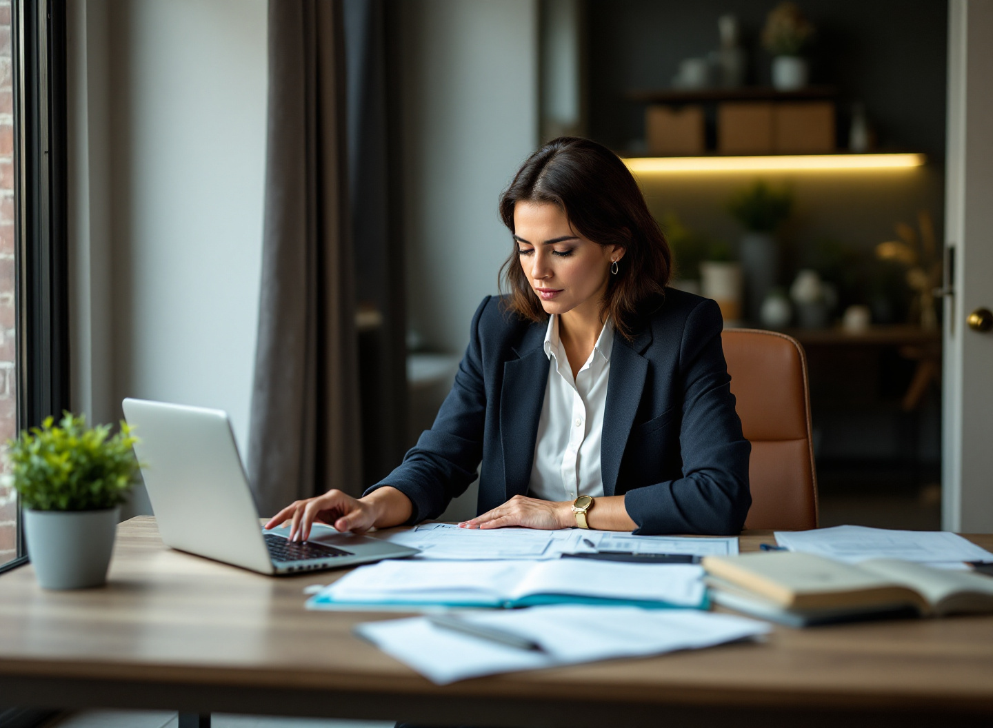 Por Que Seu Estoque Devora o Capital de Giro (e Como Recuperar Esse Dinheiro Hoje) 3 Mulher empresária concentrada analisando números e controle de estoque em escritório, expressão de preocupação com gestão financeira