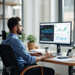 Empresário analisando planilha de capital de giro e fluxo de caixa em monitores para gestão financeira de pequena empresa