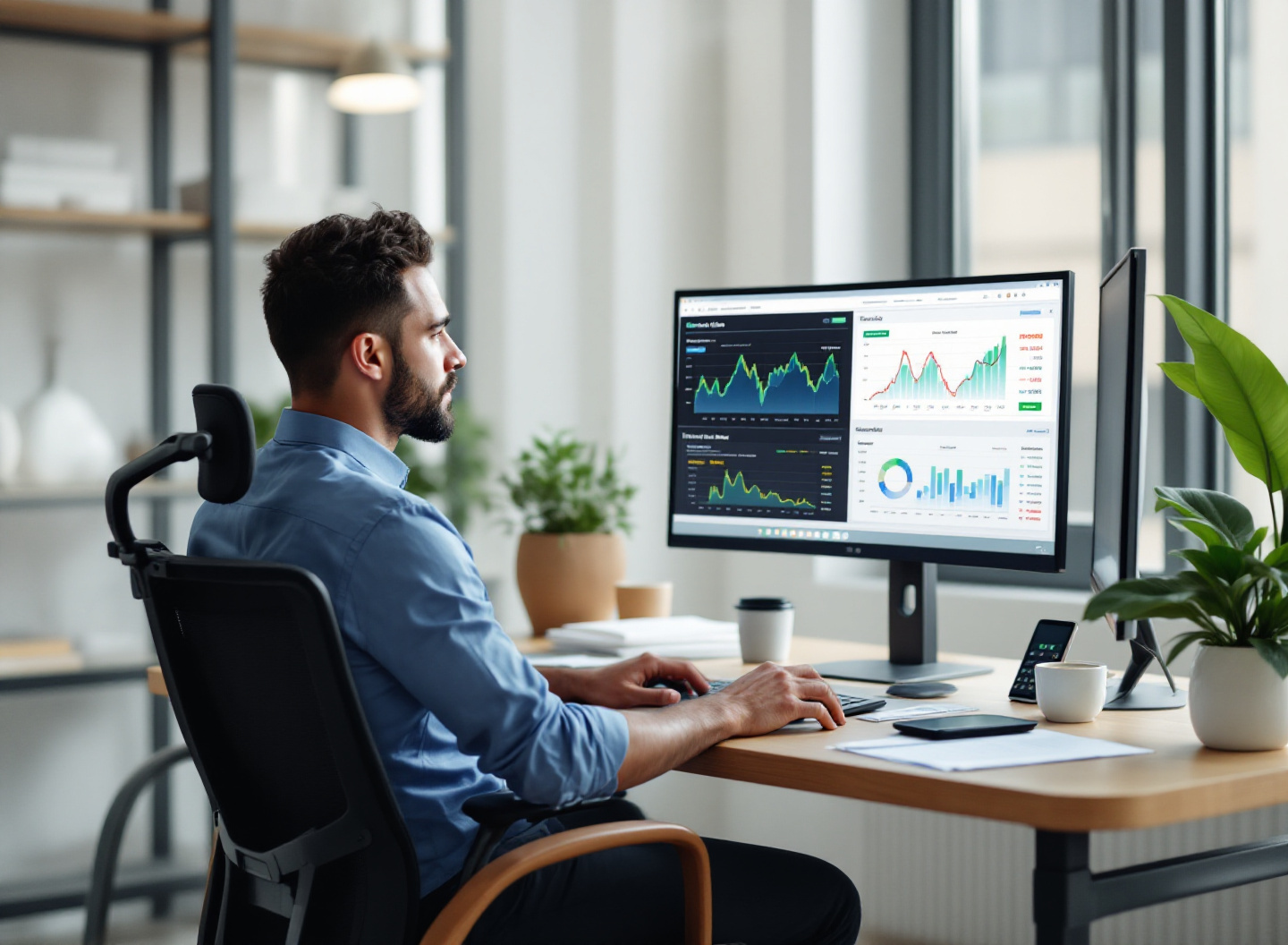 Empresário analisando planilha de capital de giro e fluxo de caixa em monitores para gestão financeira de pequena empresa