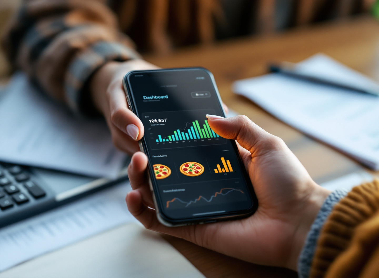 Smartphone exibindo dashboard de gestão financeira com gráficos de controle de gastos e receitas em tempo real