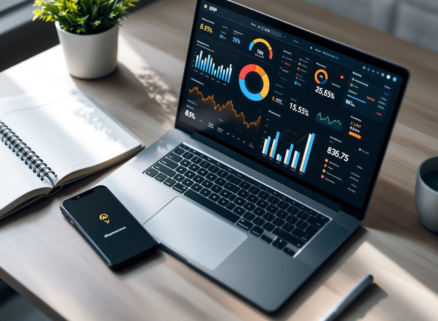 dashboard de ERP financeiro em notebook mostrando gráficos e dados em tempo real