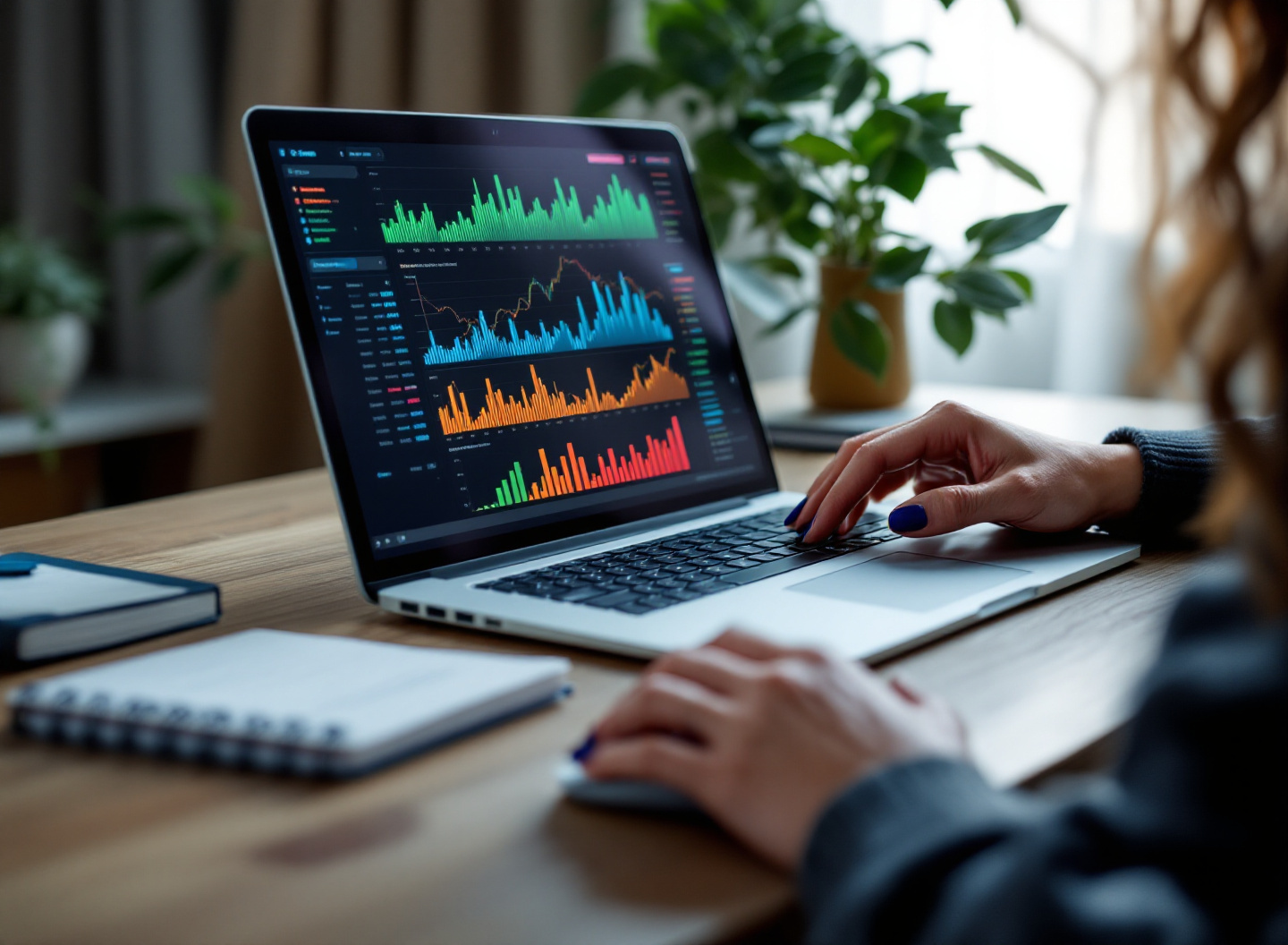 Análise de gráficos financeiros e dados em computador, representando sistema de gestão financeira digital