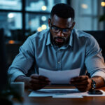 Executivo analisando indicadores financeiros empresa com determinação em ambiente corporativo de luxo