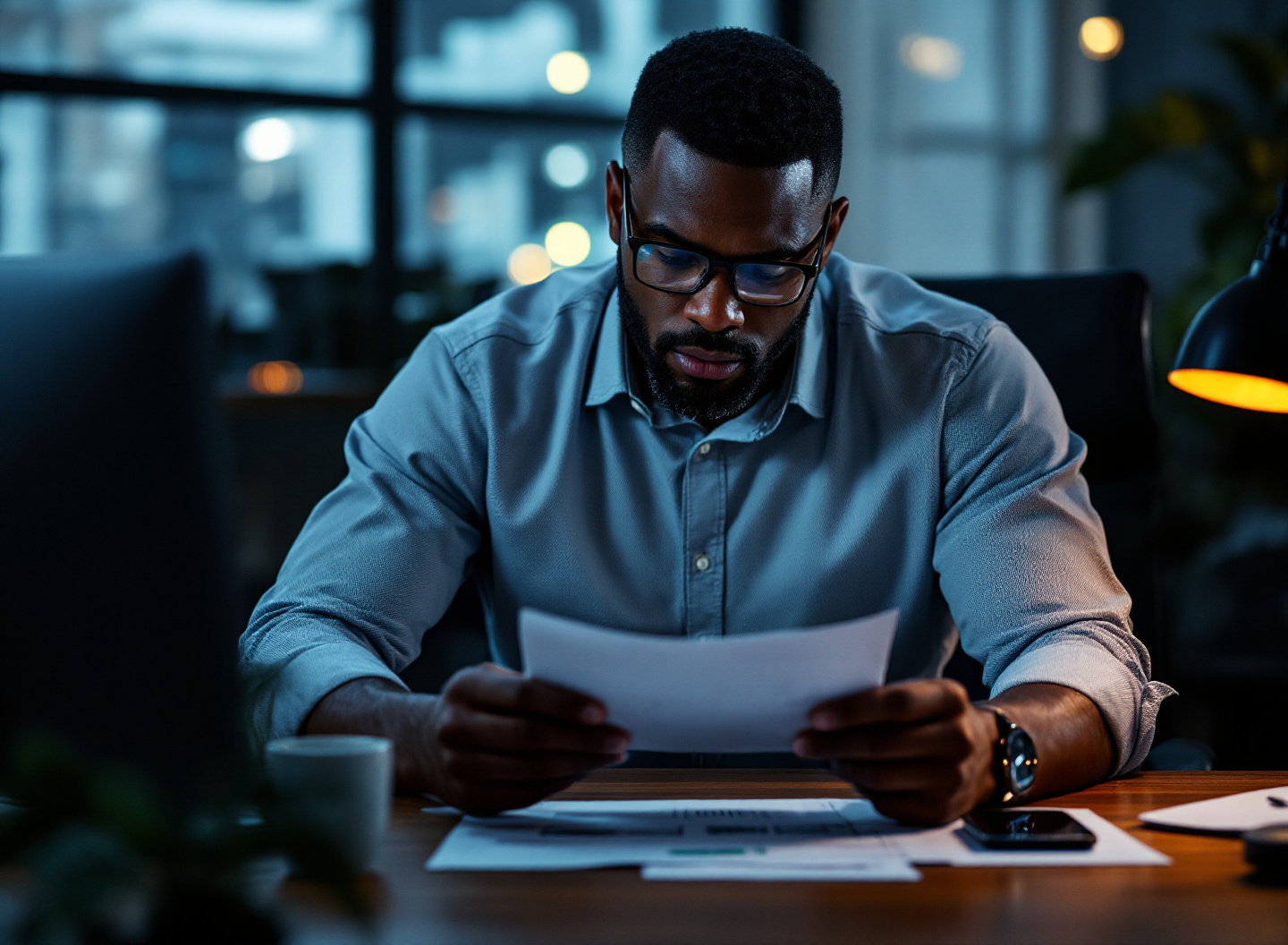 Executivo analisando indicadores financeiros empresa com determinação em ambiente corporativo de luxo