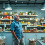 Empresário em loja analisando estoque com gráfico de crescimento ao fundo, representando recuperação de capital de giro em comércio