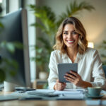 empreendedora analisando gráfico de DRE com lucro crescente em escritório moderno com iluminação natural abundante