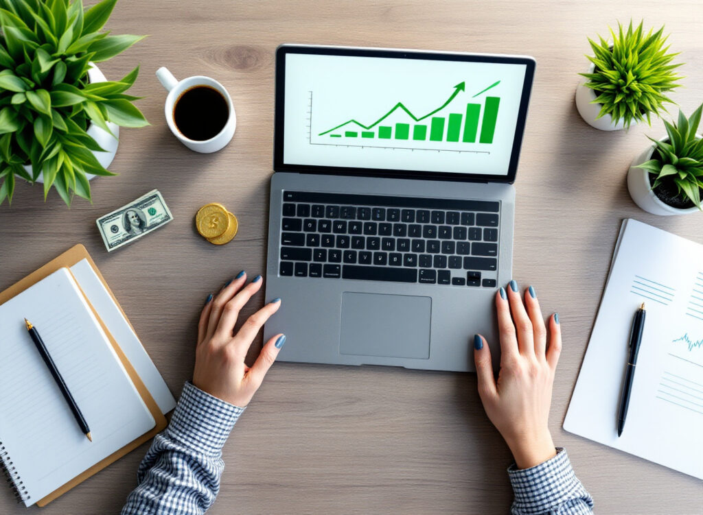 Mesa de empreendedor com notebook, tablet e café mostrando gráficos de controle financeiro em crescimento