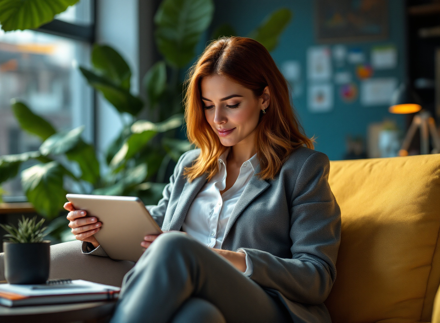 Gestora financeira analisando dados de controle financeiro em tablet e notebook