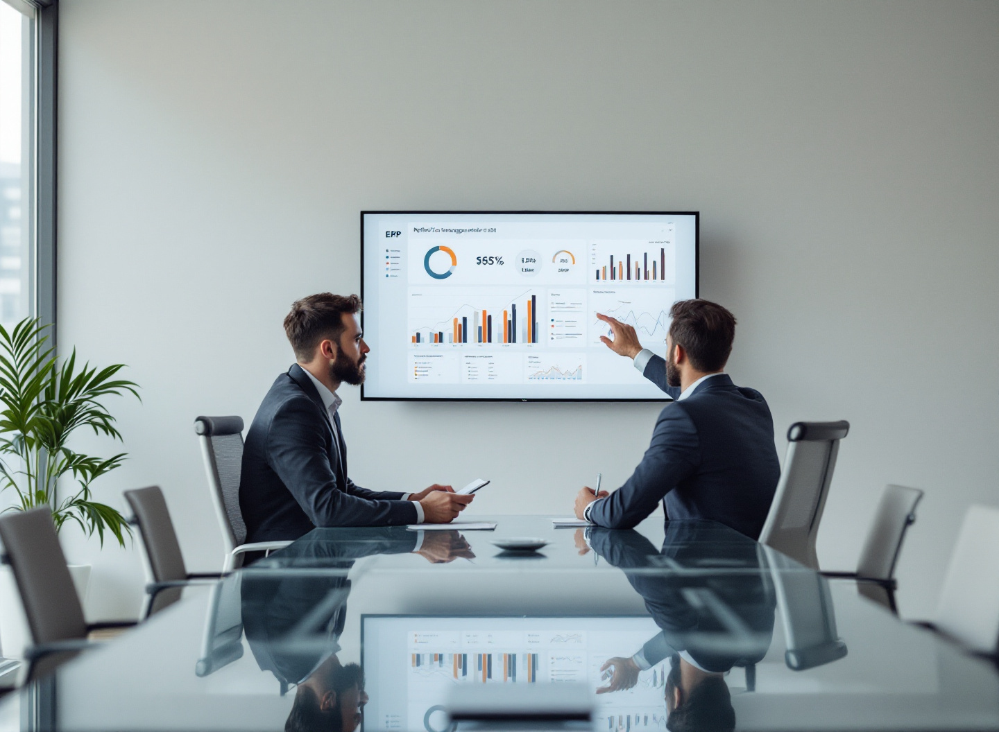 dois gestores analisando relatórios de ERP integrado em reunião de negócios