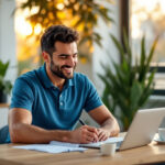 Empreendedor analisando DRE simplificada em notebook com expressão de compreensão em escritório moderno