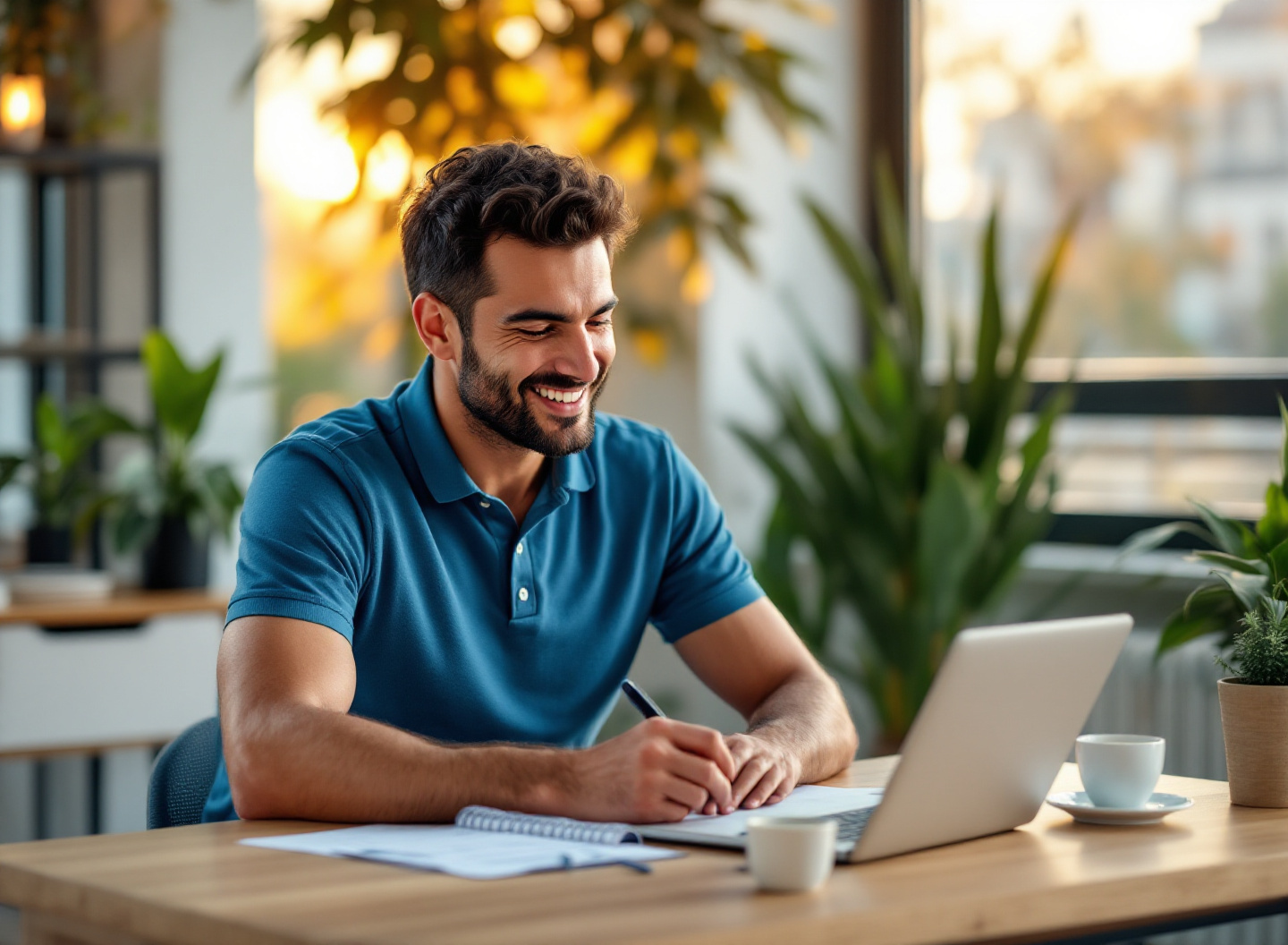 Empreendedor analisando DRE simplificada em notebook com expressão de compreensão em escritório moderno