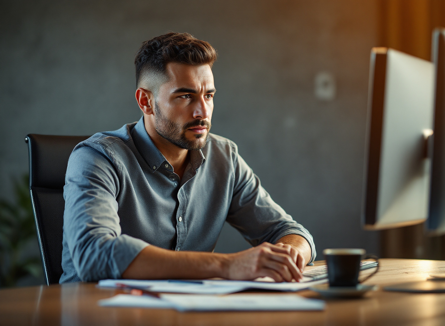 Empresário analisando planilha de capital de giro em computador para controle financeiro de empresa
