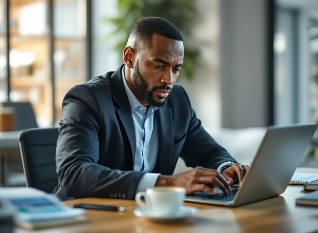 Empresário analisando planilha de controle financeiro em Excel com expressão analítica