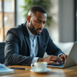 Empresário analisando planilha de controle financeiro em Excel com expressão analítica