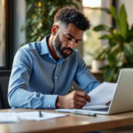 Empresário analisando relatório de DRE e indicadores financeiros em ambiente corporativo moderno com luz natural