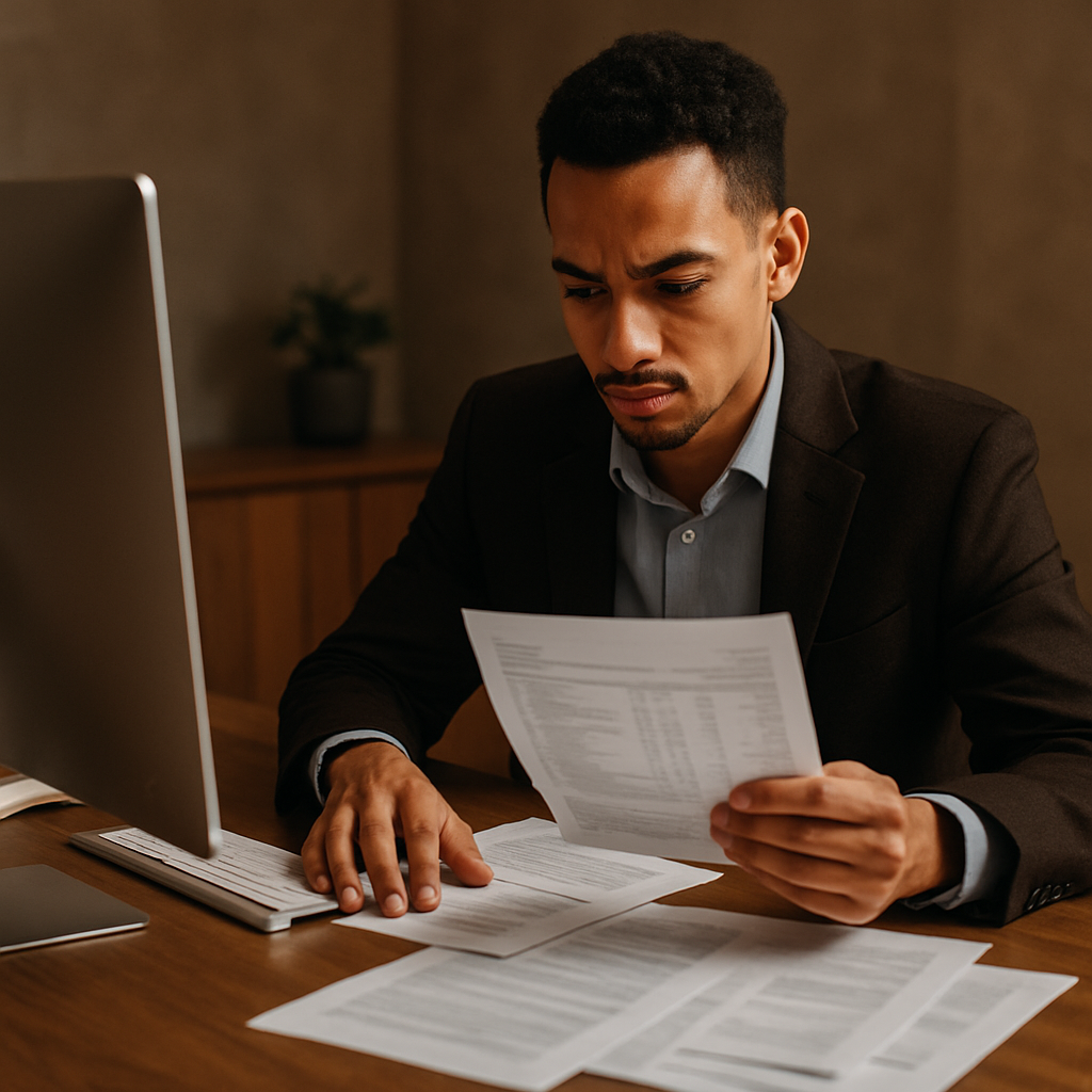 Transforme seu negócio com o regime tributário certo e atualizado 2 Empresário analisando documentos fiscais em escritório moderno