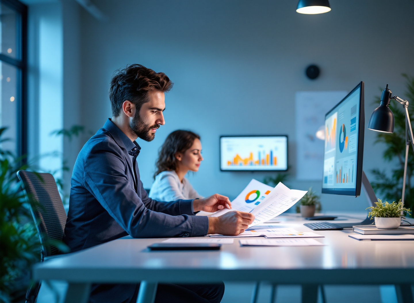 Equipe analisando relatórios de sistema financeiro empresarial para tomada de decisão