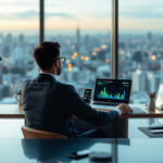 Empreendedor observando gráficos de rentabilidade e análise de investimentos com taxa mínima de atratividade em escritório moderno