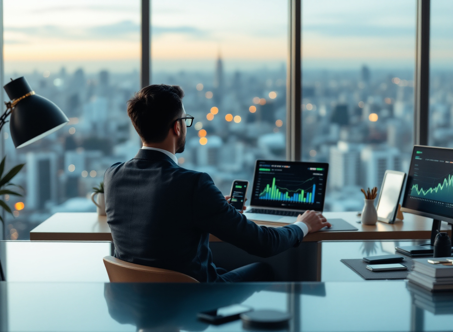 Empreendedor observando gráficos de rentabilidade e análise de investimentos com taxa mínima de atratividade em escritório moderno