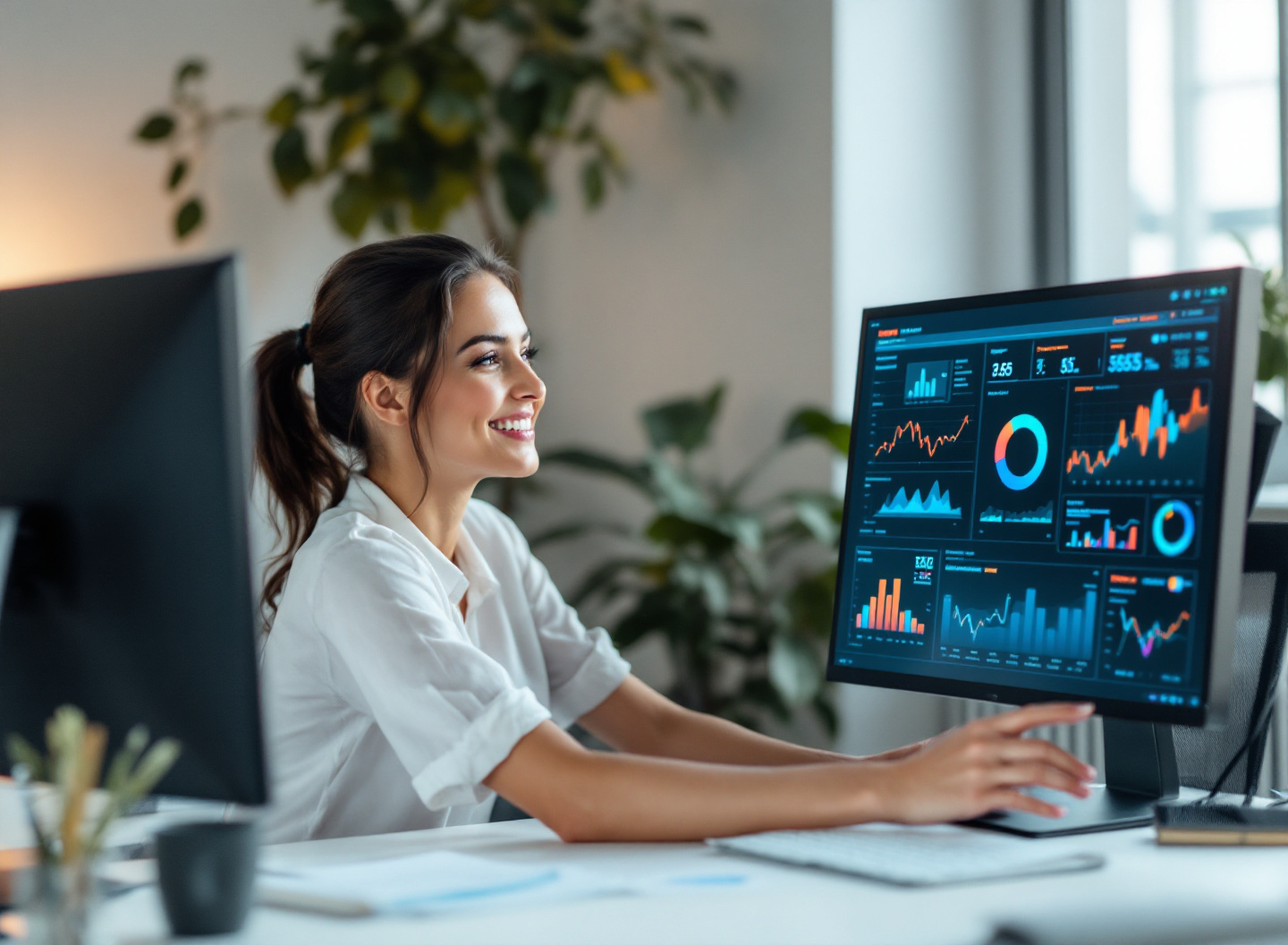 gestora financeira analisando painel de controle do sistema de gestão financeira com dados em tempo real